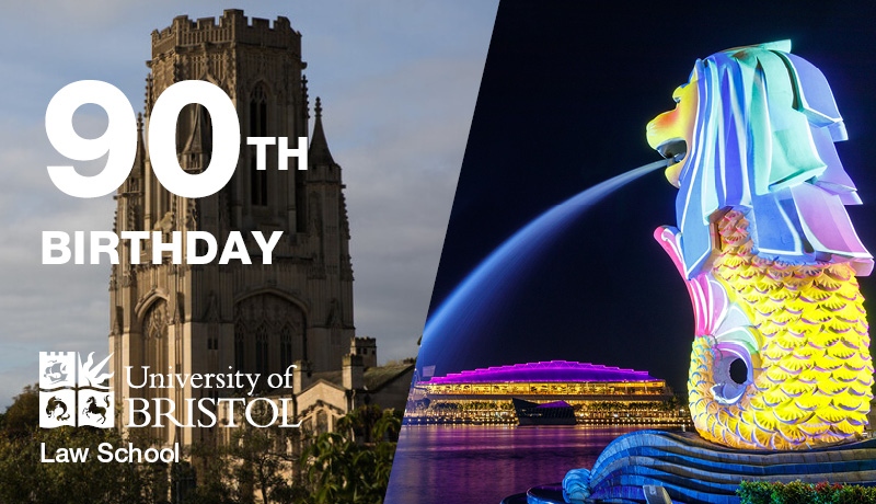 One image side shows a brightly lit up Merlion statue in Singapore, the other the University of Bristol Law School Wills Memorial Building tower, with the text: